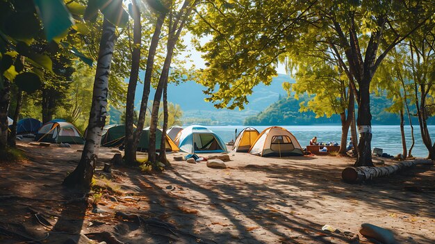 Le camping au bord du lac est un endroit magnifique pour se détendre et profiter du paysage. Le soleil brille à travers les arbres et l'eau est calme et accueillante.