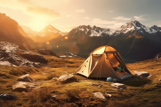Camping au coucher du soleil en montagne AI générative