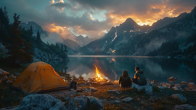 Camping autour du feu de camp de la montagne