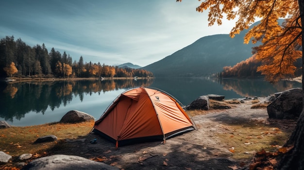 Camping aventure d'automne en montagne avec vue sur le lac