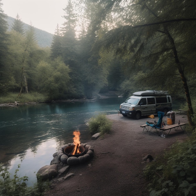 Camping-car au bord d'une rivière tranquille