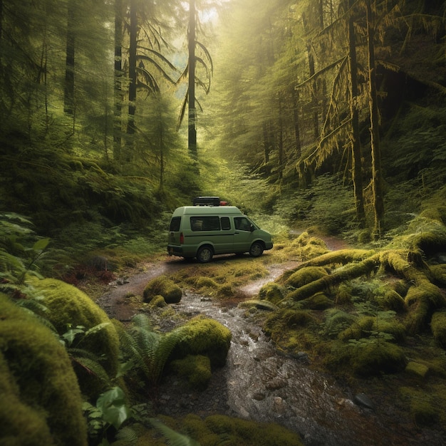 Un camping-car dans une clairière forestière