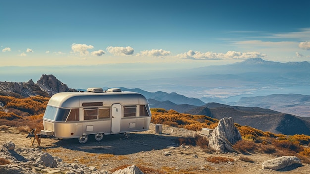 Camping-car décoré de rubans sur fond de montagnes d'automne Près du village de Golotl en