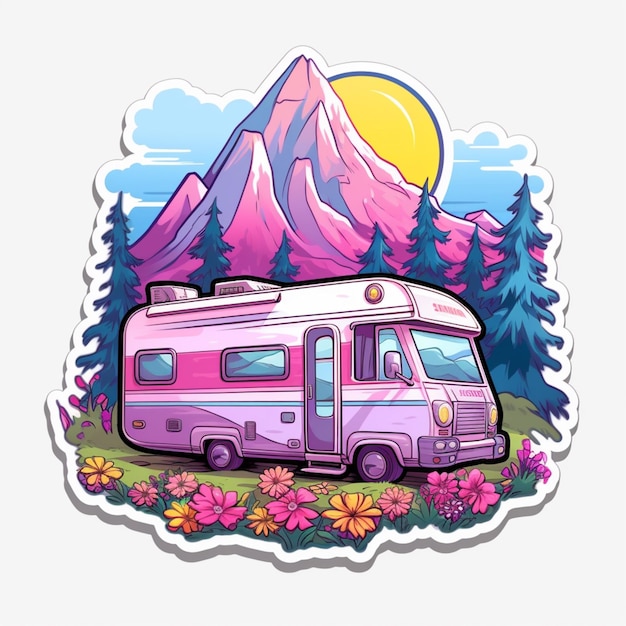 un camping-car de dessin animé avec des montagnes et des fleurs en arrière-plan ai générative