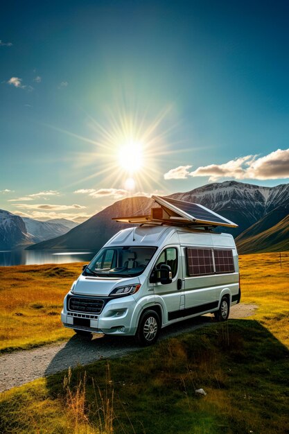 un camping-car équipé de panneaux solaires créé avec la technologie d'intelligence artificielle générative