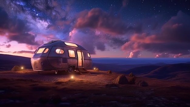 Un camping-car est garé sur une colline la nuit Image générative AI