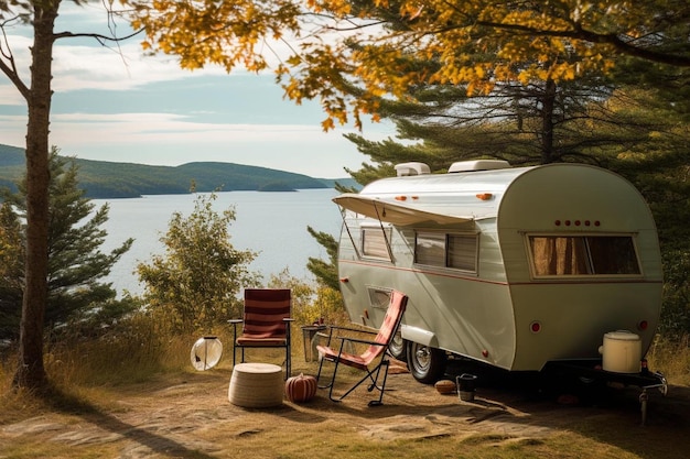 Un camping-car est garé sur une route de gravier au bord d'un lac.