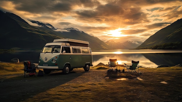 camping car familial Partez en vacances dans un camping-car garé au bord de la rivière avec les montagnes derrière le coucher de soleil