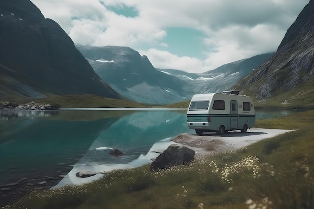 Un camping-car garé au bord d'un lac en norvège