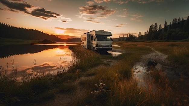 Un camping-car garé sur un chemin de terre avec un coucher de soleil en arrière-plan.