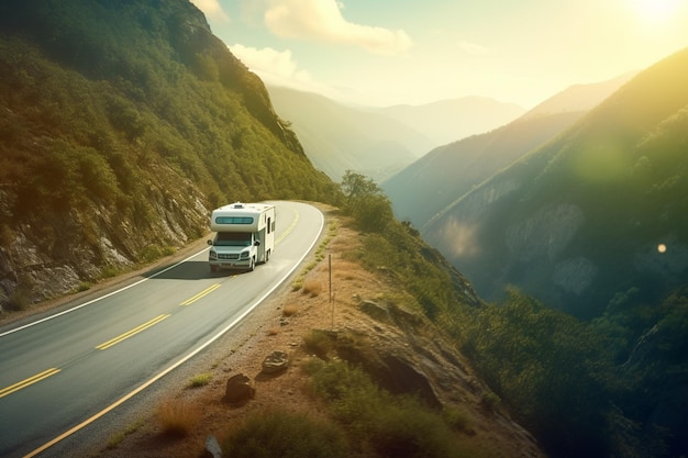 Un camping-car de luxe conduisant le long d'une route de montagne avec des vues à couper le souffle générées par l'IA
