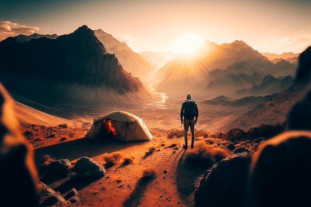 Un camping-car profitant d'une randonnée au lever du soleil dans les montagnes de Dubaï