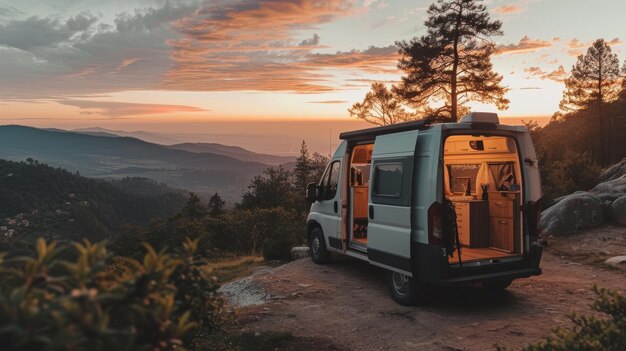 Un camping-car solitaire garé sur un sommet de montagne serein au crépuscule