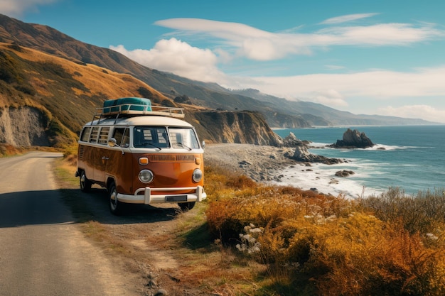 Un camping-car vintage garé près d'une autoroute pittoresque AI générative