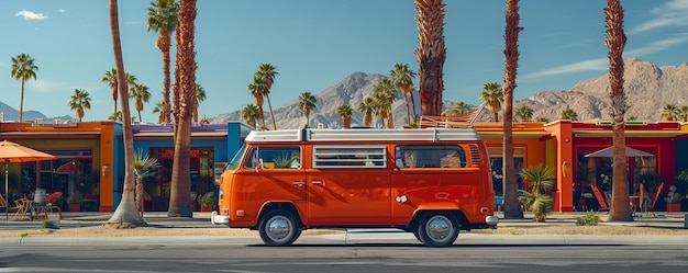 Un camping-car Vw classique garé sur un fond coloré