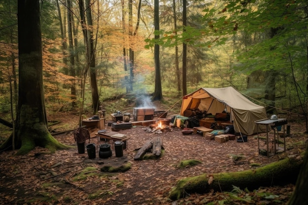 Un camping chaleureux et confortable entouré des sons de la nature créés avec une IA générative