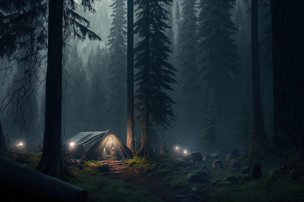 Camping dans une forêt brumeuse sombre feu de camp nuit forêt brouillard clair de lune soirée confortable au coin du feu AI