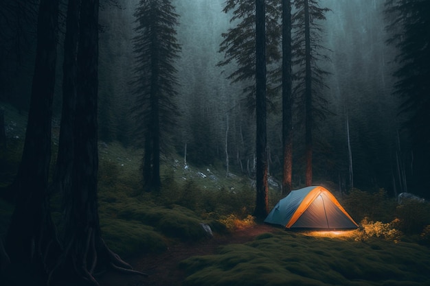 Camping dans une forêt brumeuse sombre feu de camp nuit forêt brouillard clair de lune soirée confortable au coin du feu AI