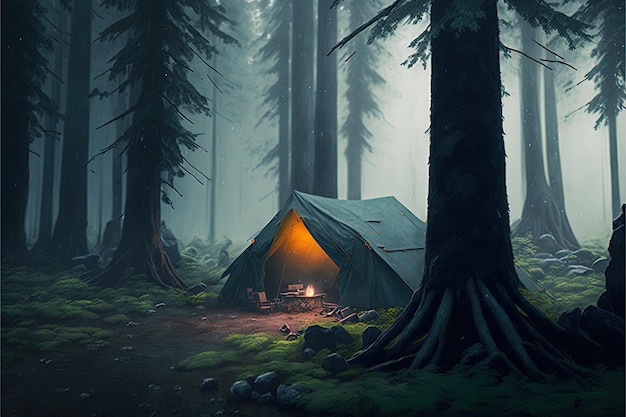 Camping dans une forêt brumeuse sombre feu de camp nuit forêt brouillard clair de lune soirée confortable au coin du feu AI