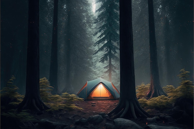 Camping dans une forêt brumeuse sombre feu de camp nuit forêt brouillard clair de lune soirée confortable au coin du feu AI