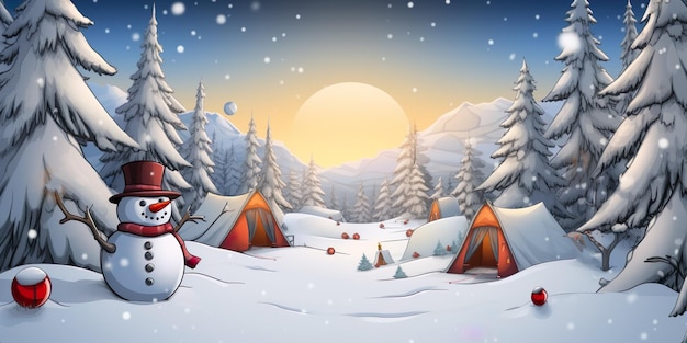 Camping dans la forêt d'hiver Bonhomme de neige Camping dans la neige Fond de bannière de Noël AI générative