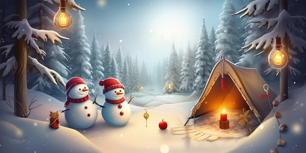 Camping dans la forêt d'hiver Bonhomme de neige Camping dans la neige Fond de bannière de Noël AI générative