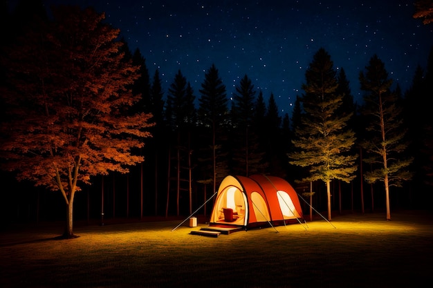 Camping dans la forêt Tente dans la jungle sous le ciel nocturne du soir plein d'étoiles et fond de paysage naturel de la voie lactée Concept de mode de vie en plein air AI générative