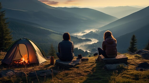 Camping dans les montagnes Une fille et un gars sont assis près du feu À l'arrière-plan sont des tentes forêt montagnes