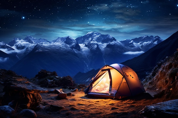 Photo camping dans les montagnes tente de touriste dans les montagne la nuit avec un ciel étoilé concept de voyage