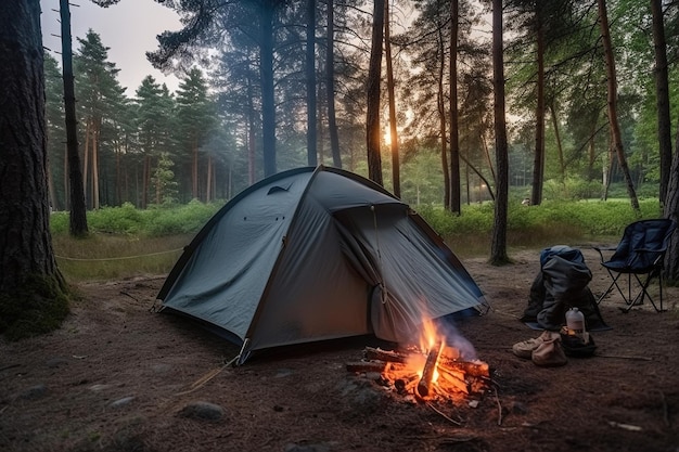 Camping dans une pinède le soir Tente dans les bois Generative AI