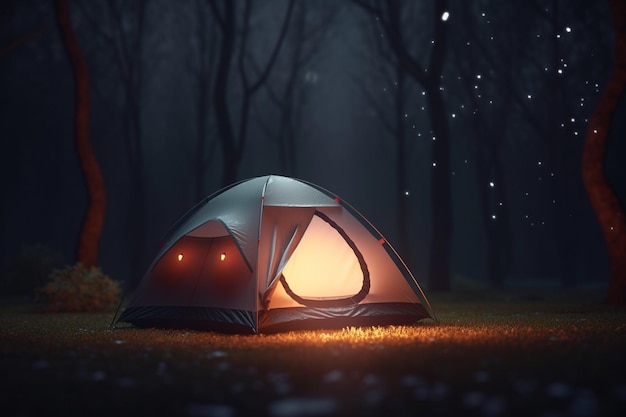 Camping dans la tente illuminée sombre dans la forêt