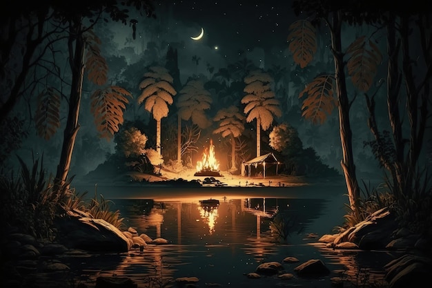 Camping avec feu de joie dans la jungle la nuit Ai Paysage de forêt tropicale sombre avec lac ou rivière