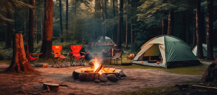 Photo camping forestier avec chaises de feu de joie, tente et bois de chauffage