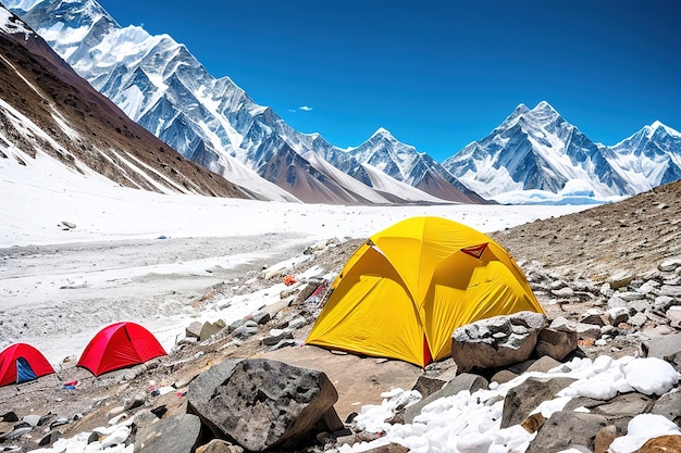 Camping de haute montagne avec des tentes dans le camp intermédiaire de l'Himalaya avant l'escalade Generative AI