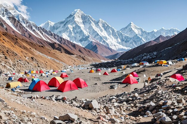 Photo camping en haute montagne avec des tentes dans l'himalaya camp intermédiaire avant l'escalade ia générative