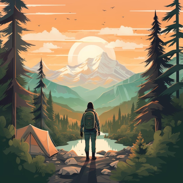 Camping Illustration Randonnée Dans Les Bois Avec Des Montagnes