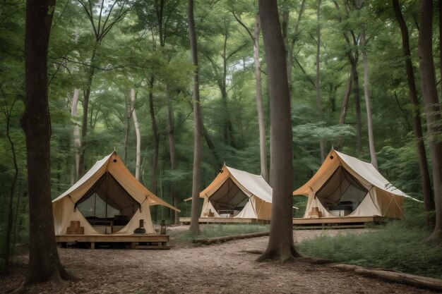 Camping léger, vacances, luxe, voyage dans la nature, glamping, forêt, tente en toile, IA générative