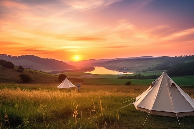 Camping de luxe dans la belle campagne avec fond de coucher de soleil beau paysage