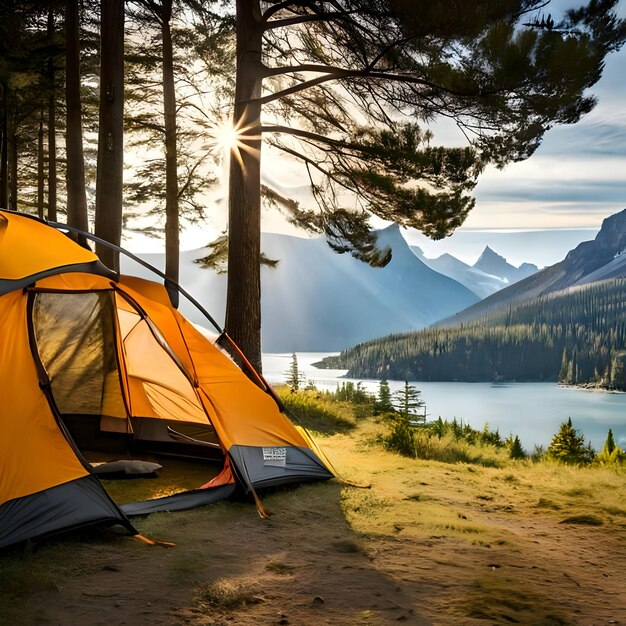 Photo camping de montagne en plein air sur le lac généré par ai