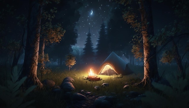 Camping de nuit dans les bois Tente dans les bois Illustration de l'IA générative