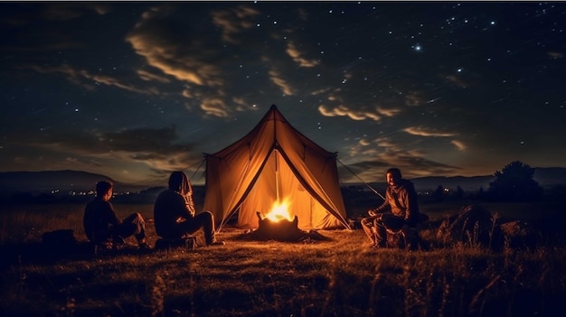 Camping la nuit dans les montagnes Couple assis près du feu de camp