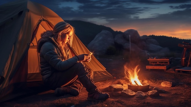 camping de nuit femme souriante utilisant un téléphone près du feu et de la tente