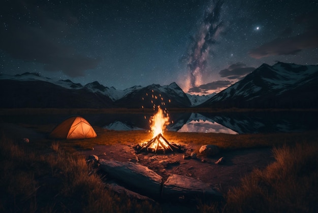 Camping de nuit avec feu de joie et tente sous un ciel étoilé clair et voie lactée ai générative