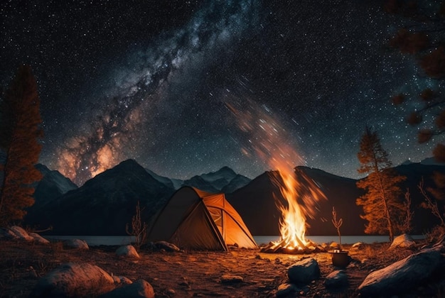 Camping de nuit avec feu de joie et tente sous un ciel étoilé clair et voie lactée ai générative