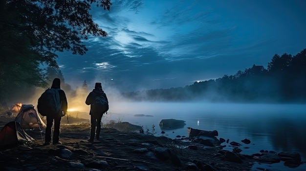 Camping de nuit sur les rives des randonneurs et randonneuses Il y a un épais brouillard le long de la rivière