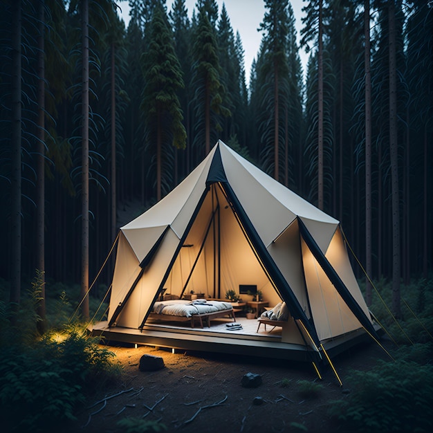 Camping paisible éclairé par un feu de camp chaleureux sous le ciel étoilé de la forêt AI