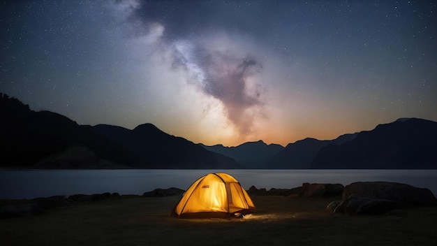 Photo camping à pang ung avec des étoiles et le lever du soleil en arrière-plan
