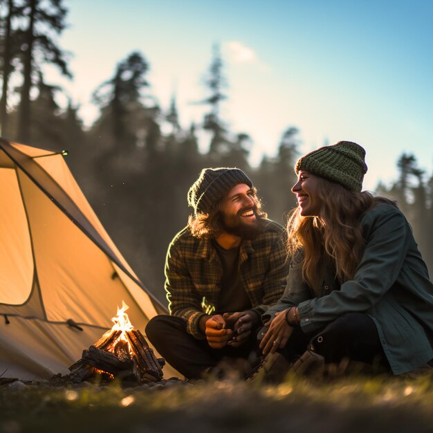 Un camping pittoresque dans la nature avec des tentes et un feu de camp photographié par des professionnels