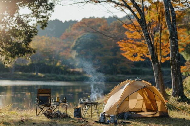 Camping en plein air avec beaucoup de lumière solaire avec une tente deux chaises de camping en plein air rack barbecue