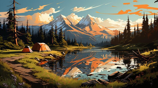 Camping en plein air concept en dessin animé plat montagnes vue forêt de sapin tente par lac ou rivière